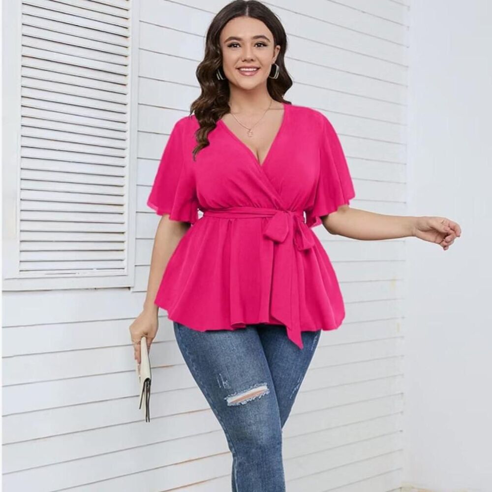 SCOMCHIC women’s plus size 3XL hot pink wrap peplum blouse, v-neck